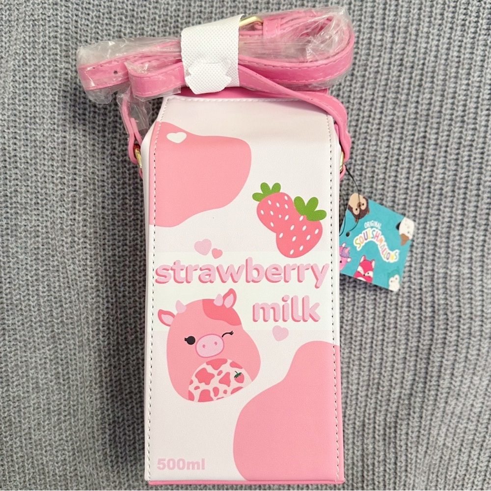 Squishmallows Strawberry Milk Carton Crossbody Bag Pink White Cow Calynda Purse